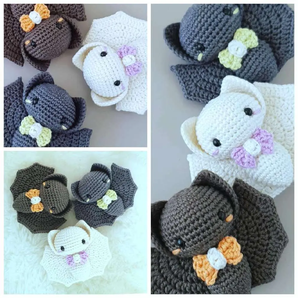 Six crochet baby bats in gray, olive and white with lime, apricot and orchid bow ties