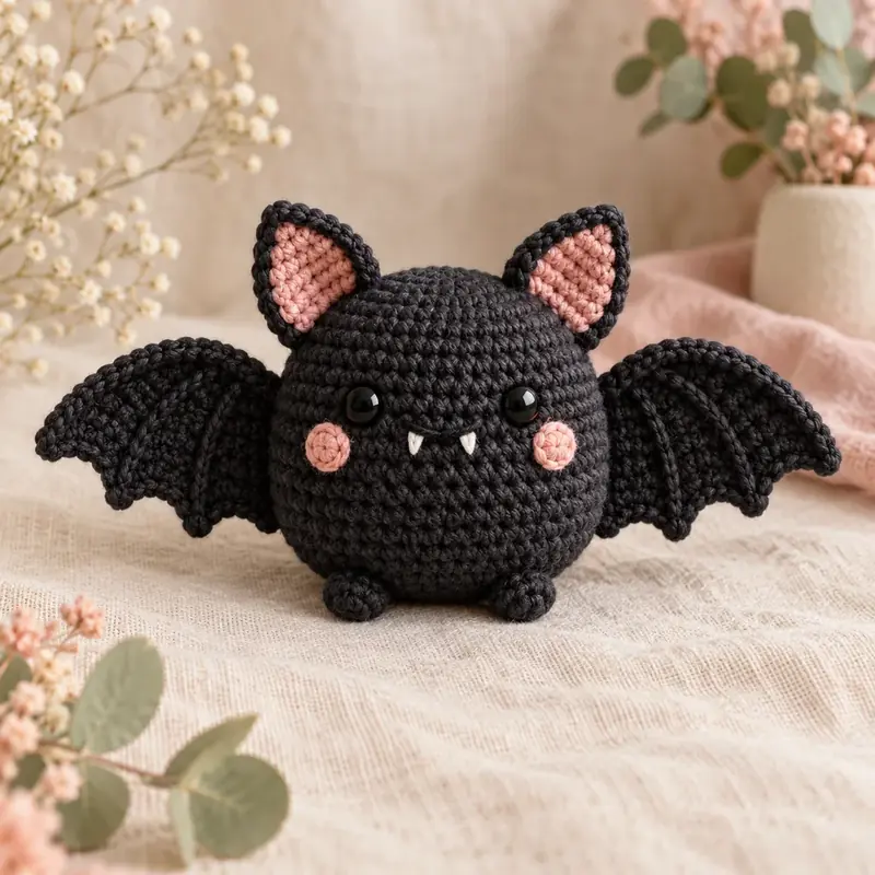Black crochet bat amigurumi with pink ears, rosy cheeks and spread wings