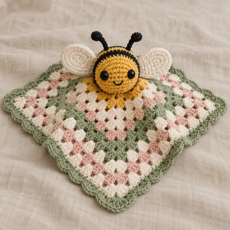 Crochet bee lovey on a granny square blanket in sage, pink and cream