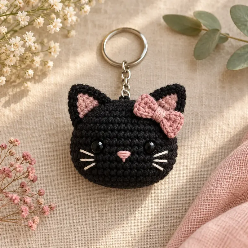Black crochet cat-head keychain with a pink bow on one ear