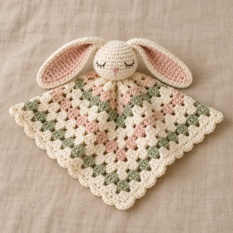 Crochet bunny lovey with a granny square blanket body in cream, pink and sage
