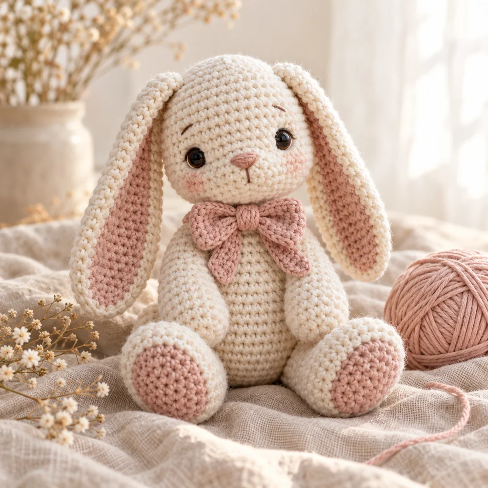 Cream crochet bunny with long floppy ears, a pink bow and a ball of pink yarn