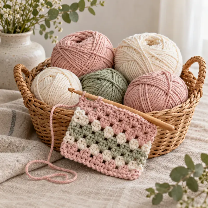Yarn and crochet hooks in a cozy craft basket