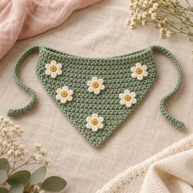 Sage green crochet bandana decorated with small white daisies