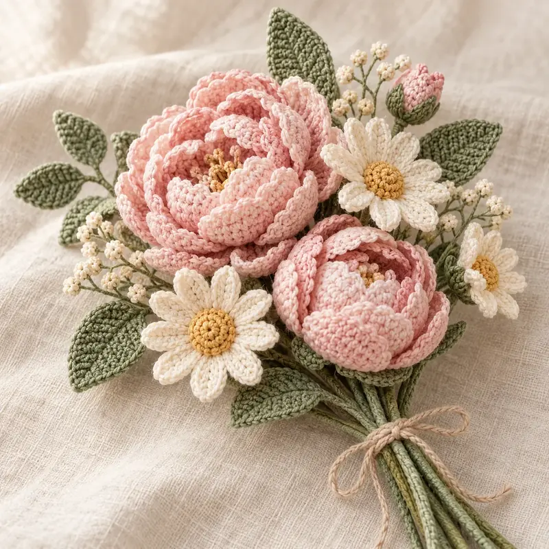 Bouquet of pink crochet peonies and white daisies tied with twine
