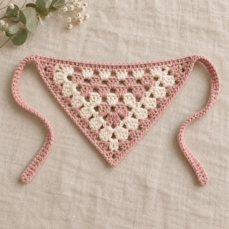 Pink and cream granny square crochet bandana with long ties