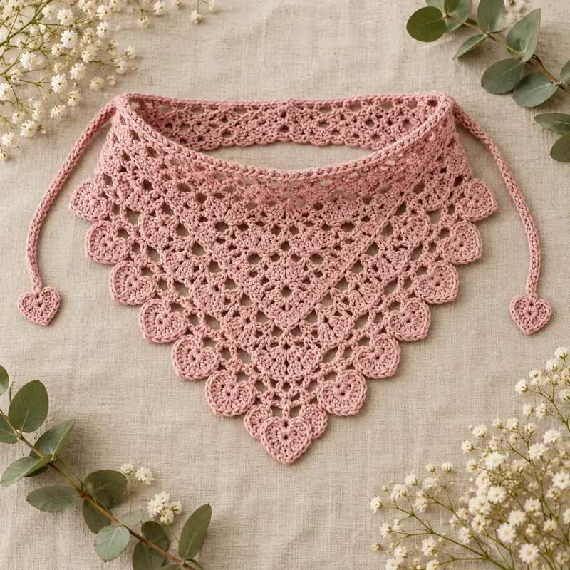 Pink lace crochet bandana with a scalloped heart-shaped edge