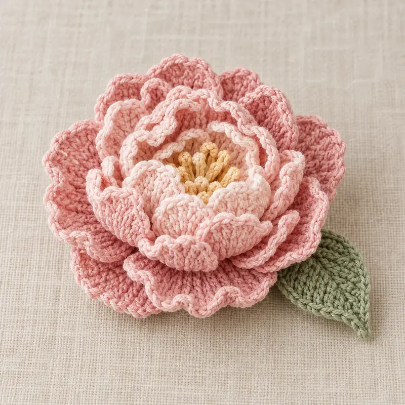 Pink layered crochet peony flower with a green leaf