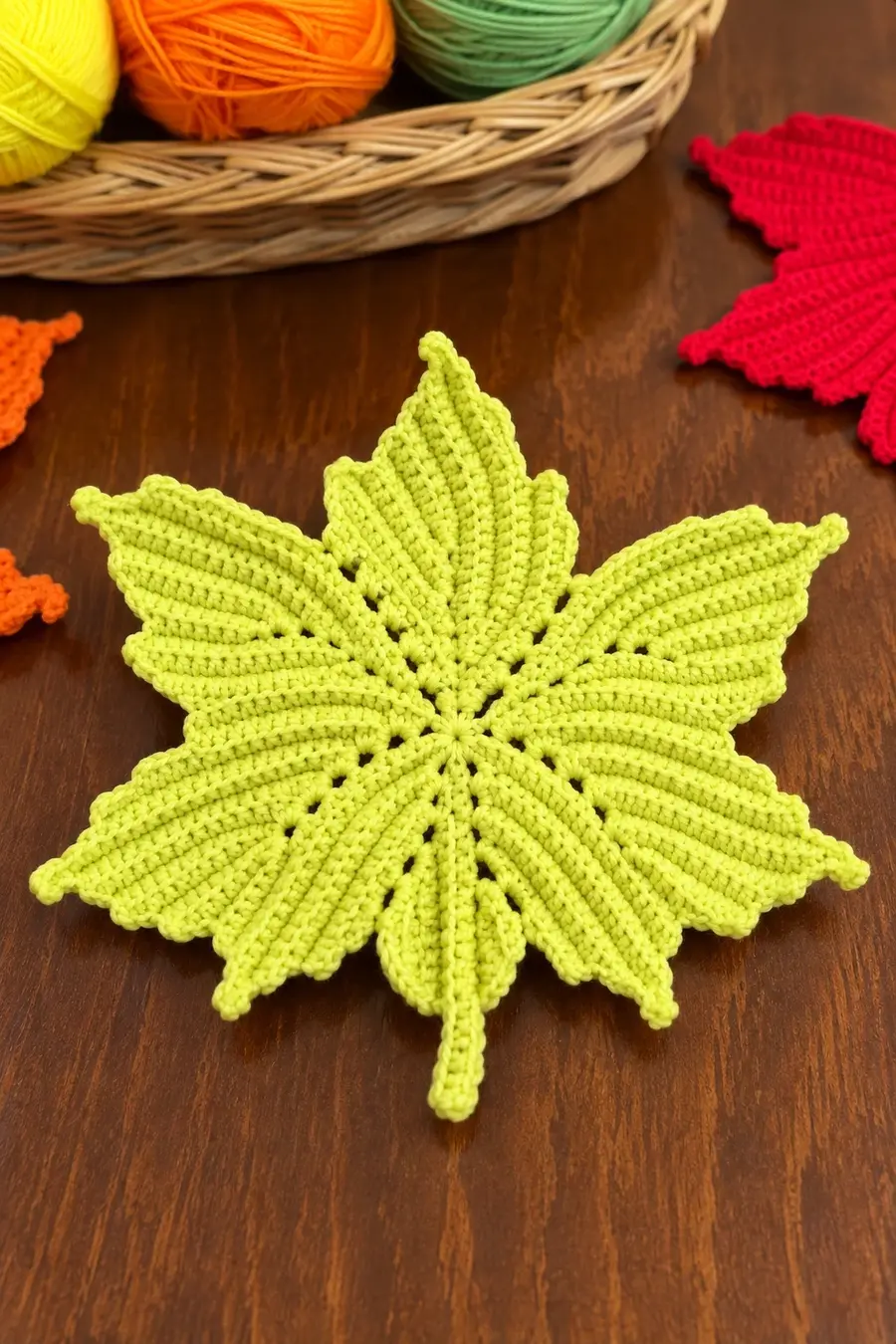 Lime green crochet maple leaf with ribbed lobes and a stem on a wooden table next to orange and red leaves