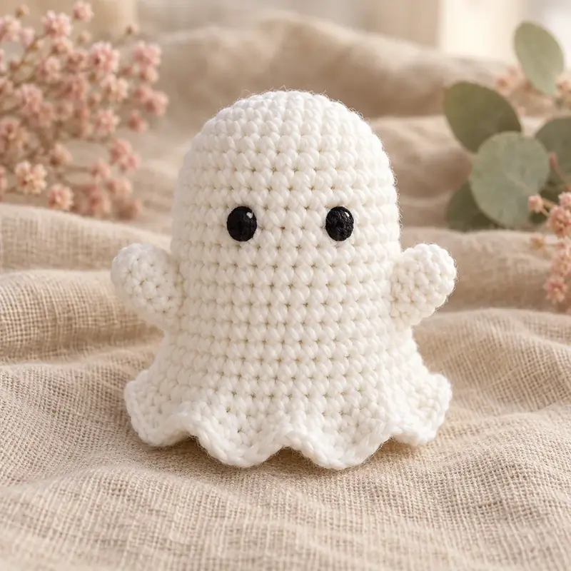 White crochet ghost amigurumi with a scalloped hem and small black eyes