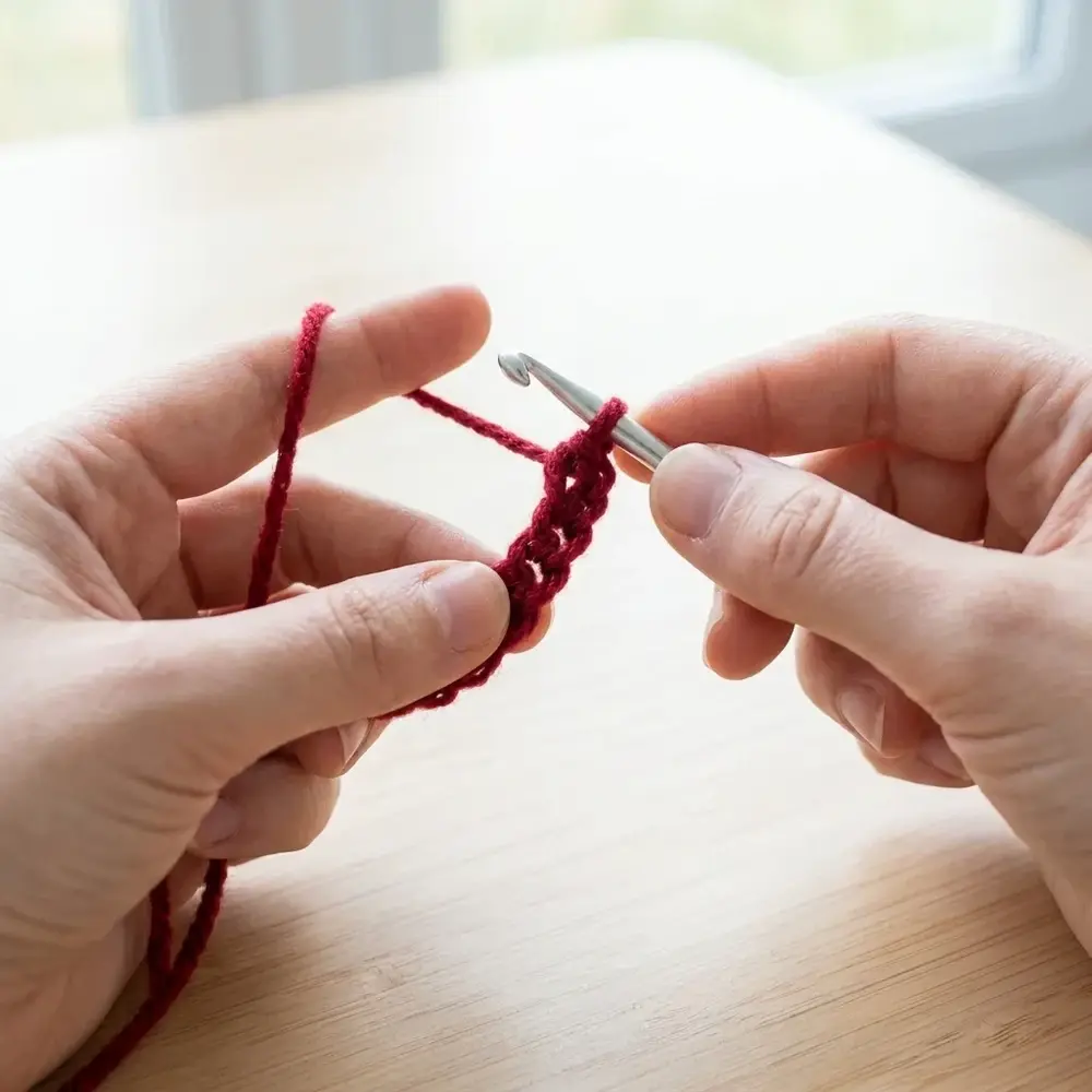 Hands starting a chain with a silver crochet hook and dark red yarn