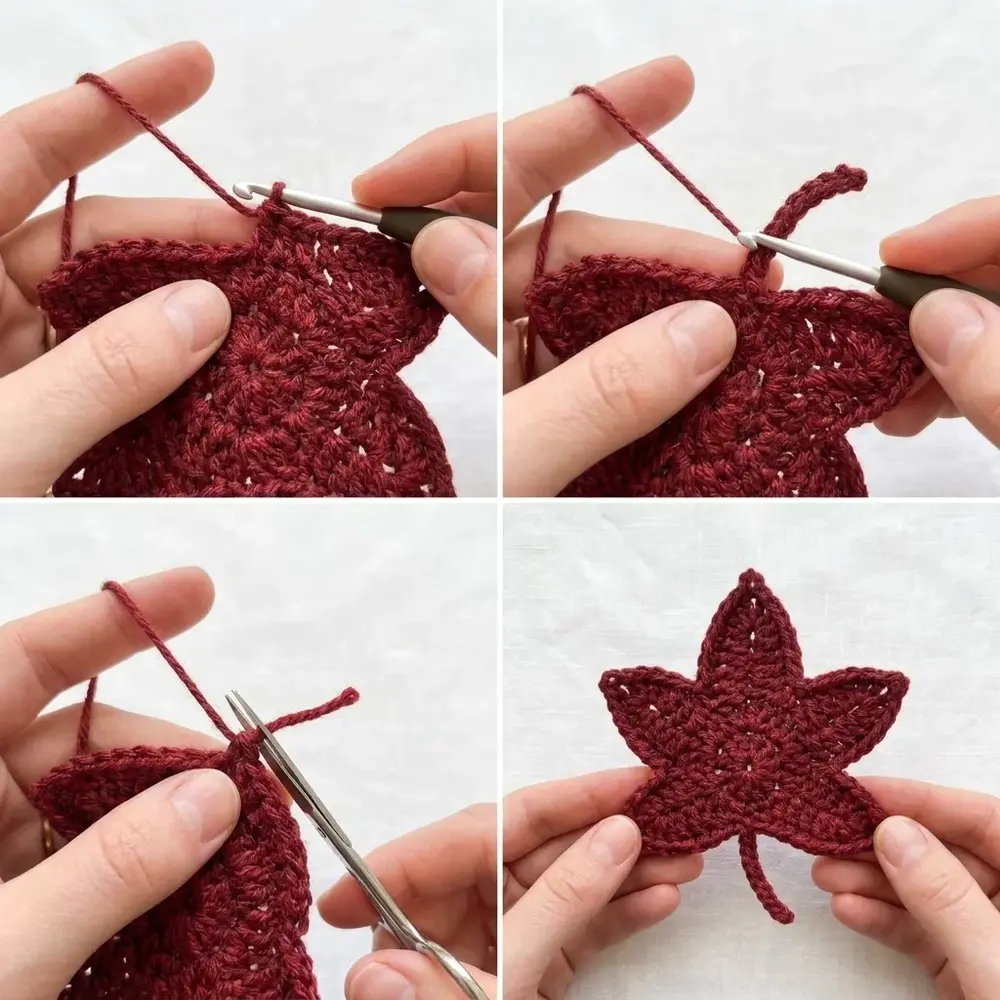 Four photos showing the stem being added to a red crochet maple leaf and the finished leaf