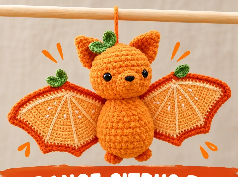 Orange citrus bat amigurumi with pointed ears, orange-slice wings and green leaves hanging from a wooden dowel