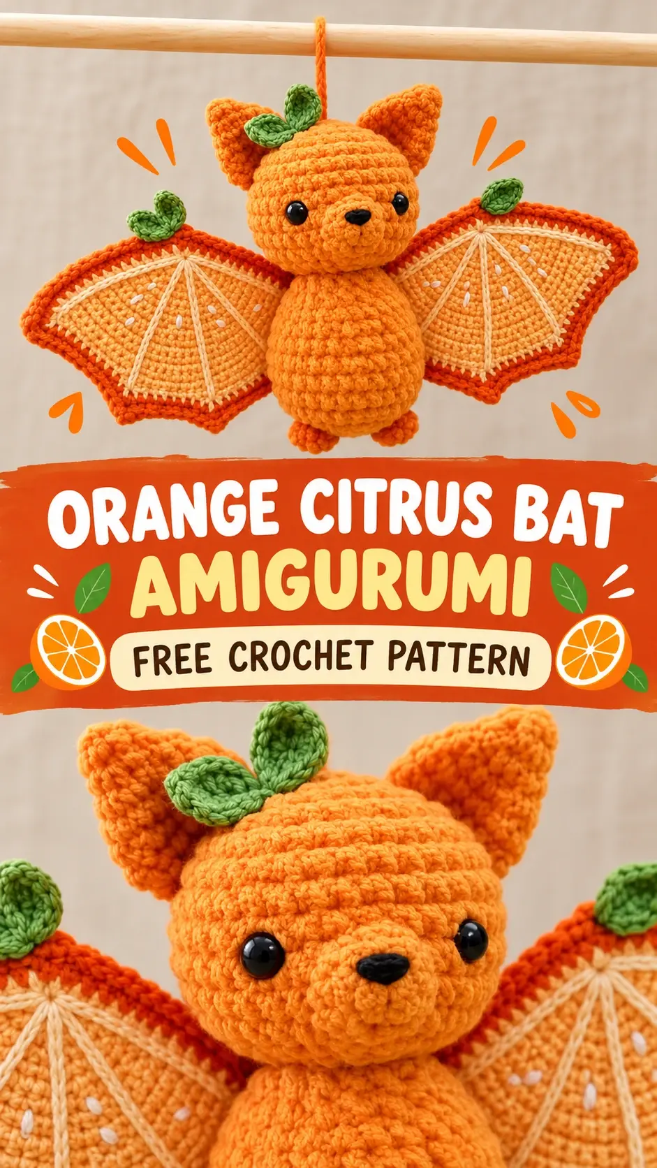 Orange citrus bat amigurumi free crochet pattern with orange-slice wings and green leaves