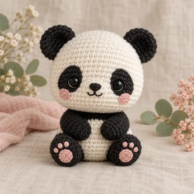 Crochet panda amigurumi sitting with black arms, ears and legs