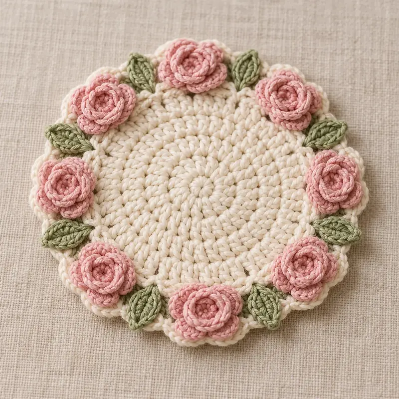 Cream round crochet coaster edged with pink crochet roses and green leaves