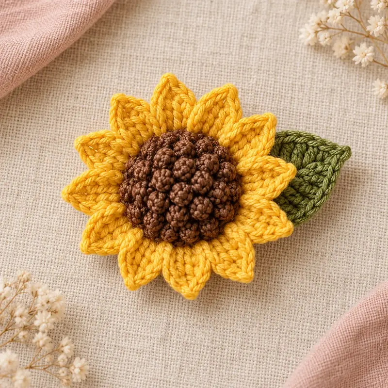 Yellow crochet sunflower brooch with a brown center and a green leaf
