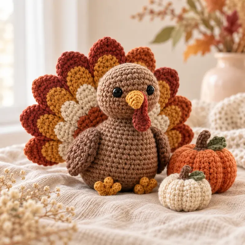 Crochet turkey with a colorful tail beside small crochet pumpkins